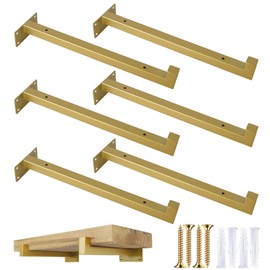OVOV 6 Pack Gold Shelf Brackets 10 Inch Floating Shelf Bracket with Lip Industrial Shelving Brackets for Kitchen Bathroom Storage Wall Mounted Shelf Support with Screws