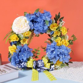 2022 Decor Wreath, Artificial Colorful Butterfly Decorative Spring and Summer Wreath for Front Door Home Farmhouse Wedding Party Wall Window Decor Indoor Outdoor (Blue Yellow Flower)