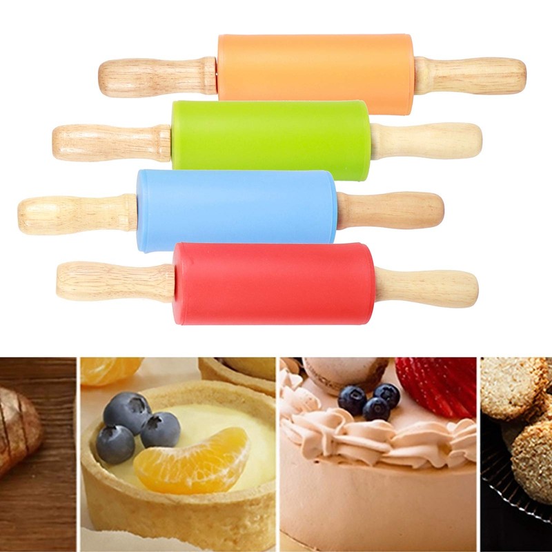 4PCS Rolling Pin NonStick Silicone Mini Wooden Handle Rolling Pins