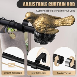 KVEEO Vintage Gold Curtain Rod 48 to 90 Inches Curtain Rods for Windows Adjustable Drapery Rod with Bird Finials Heavy Duty Curtains Rods for Living Room Bedroom