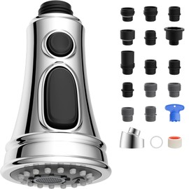 Hibbent Kitchen Faucet Head Replacement, Pull Down Faucet Spray Head, 3 Function Kitchen Faucet Sprayer Nozzle with 15 Adapters Compatible with Moen, American Standard, Delta, Kohler Faucets, Chrome