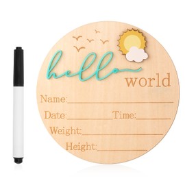 Baby Announcement Sign, 5.83 Inch Wooden Hello World Newborn Sign Cute Welcome Birth Name Plaques Board for Girl Boy Baby Shower Hospital Nursery Photo Prop (Green)