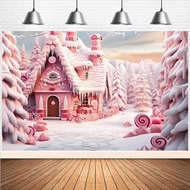 Christmas Gingerbread House Candy Backdrop Photography Pink Party Background (7X5FT)