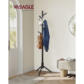 VASAGLE Solid Wood Coat Rack, Free Standing Tree-Shaped Coat Rack with 8 Hooks, 3 Height Options, for Clothes, Hats, Bags, Living Room, Bedroom, Home Office, Black URCR04BK