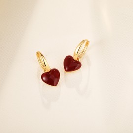 Heart Enamel Dangle Hoop Earrings for Women (Burgundy)