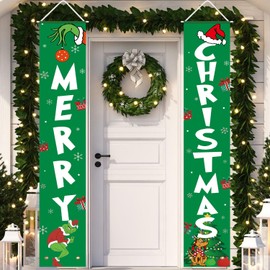 Christmas Decorations MERRY CHRISTMAS Green Banner Xmas Porch Door Sign Welcome Banner Decor for Indoor Outdoor Wall Home