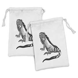Lunarable Iguana Fabric Pouch Set of 2, Digital Drawn Monochromatic Big Lizard on Plain Backdrop Wild Habitat Print, Small Drawstring Bag for Toiletries Masks and Favors, 9" x 6", Black and White