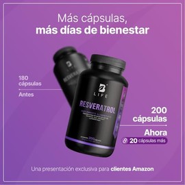B Life Resveratrol 200 Cpsulas  Antioxidante de 1000 mg por porcin  Pimienta negra, Uva Roja, Acai y Vitamina C. Ingredientes Naturales.              