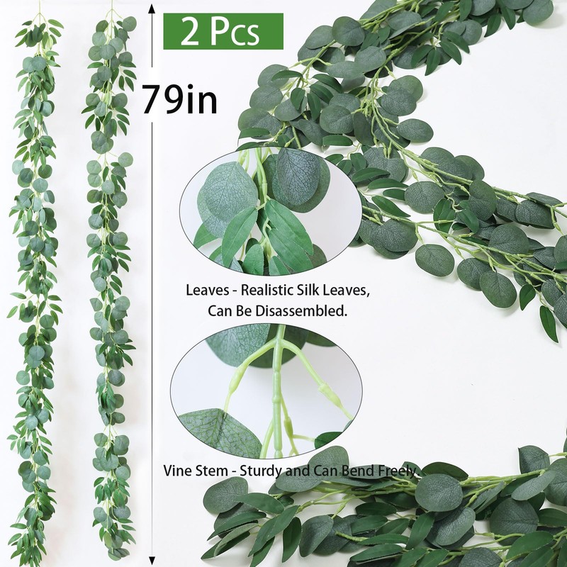 mizii 2 Strands Artificial Vines Eucalyptus Garland 79" Fake Vine