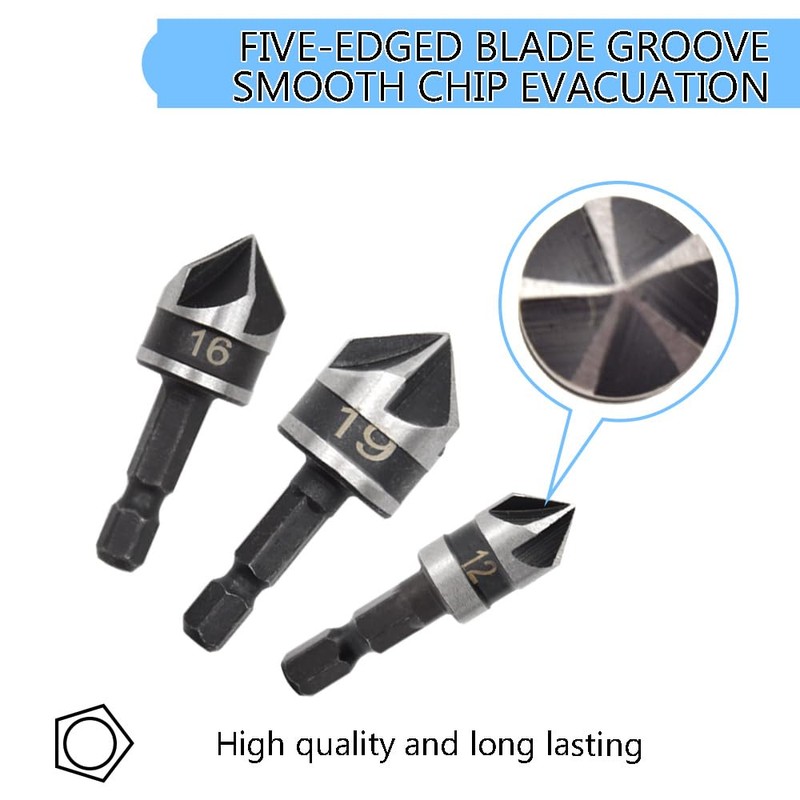 Hocansen 3 Piece Hex Countersink Drill Bit Set 5 Flutes