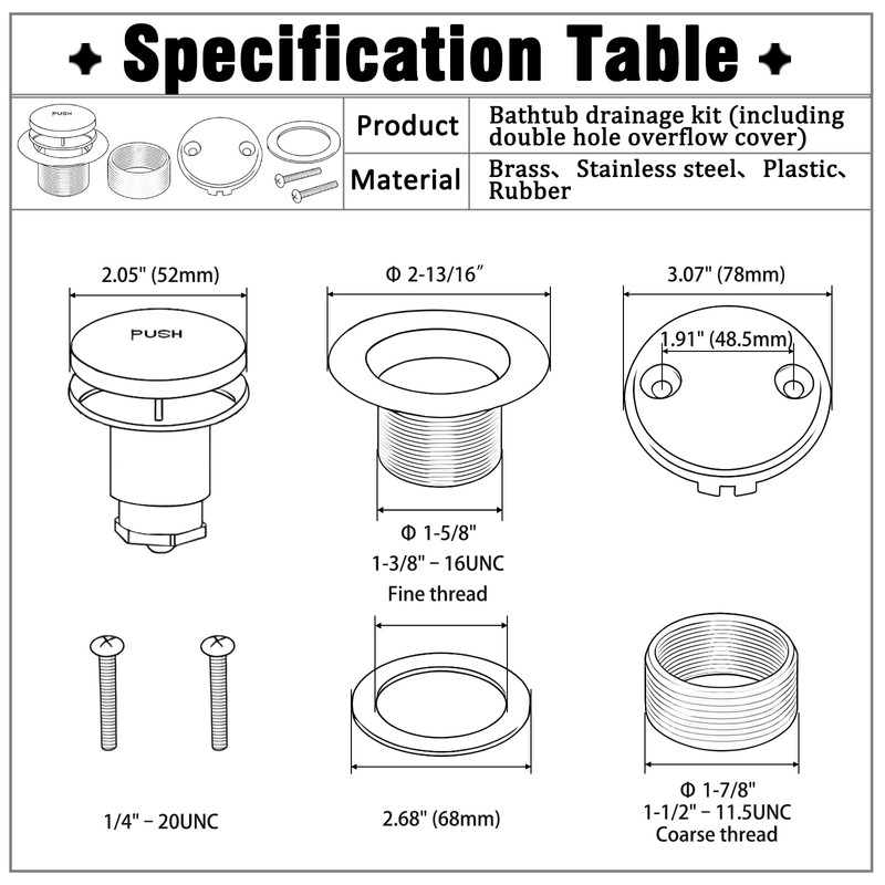 Tip-Toe Tub Drain, Bathtub Drain Replacement Kit, with 2 Hole
