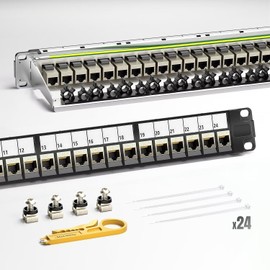 AMPCOM CAT6 Keystone Patch Panel 24-Port 1U with 10G Shielded Ethernet Inline Coupler - 19 Inch Rackmount &Wall Mount with Rear Support Bar