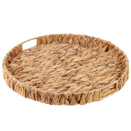 Round Ottoman Tray Large Wicker Serving Tray with Handles for Coffee Table, Handwoven Natural Water Hyacinth Tray Straight Edges