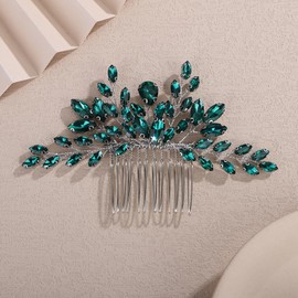 Teyglen Green Crystal Bride Wedding Hair Comb Full Rhinestone Wedding Hair Piece for Bride Wedding Hair Accessories Teardrop Crystal Hair Comb for Women Bridal Headpiece(Peacock green)