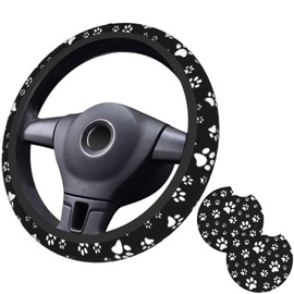 Black and White Dog Cat Paw Print Steering Wheel Cover for Women Men with 2 Pcs Car Coasters, 15 Inches Neoprene Anti-Slip Cute Universal Car Accessories Protective Cover for Vehicle