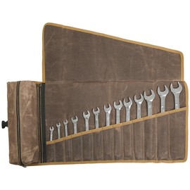 Canvas Wrench Roll, 16 oz Waxed Canvas Tool Roll (Grey), Wrench Organiser & 1 Zip Pocket & 1 Removable Tool Bag - for Mechanics Craftsman Repairman