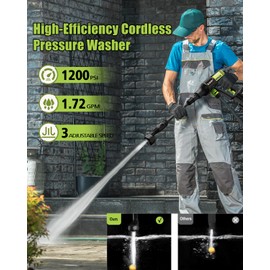 Portable Cordless Pressure Washer with Faucet Adapter - 2 Pack Batteries 1200PSI Cordless Power Washer Battery Operated with 6-in-1 Nozzle, Adjustable Foam Cannon LCD Touch Screen for Car Garden