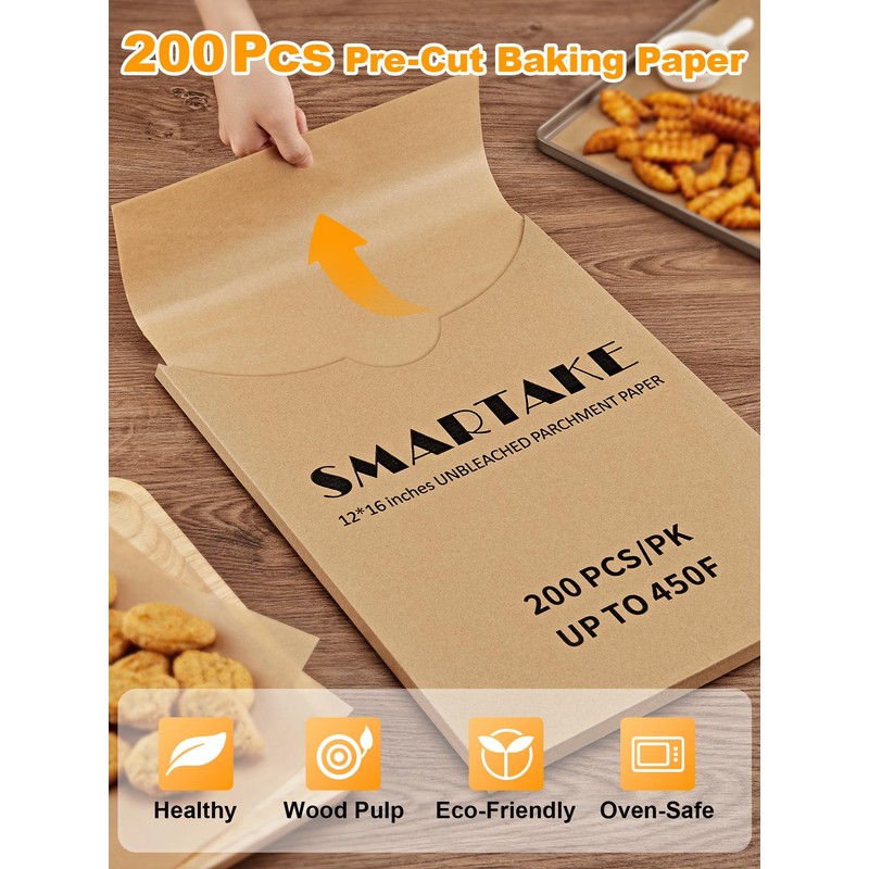 SMARTAKE 200 Pcs Parchment Paper Baking Sheets, 12x16 Inches Non-Stick