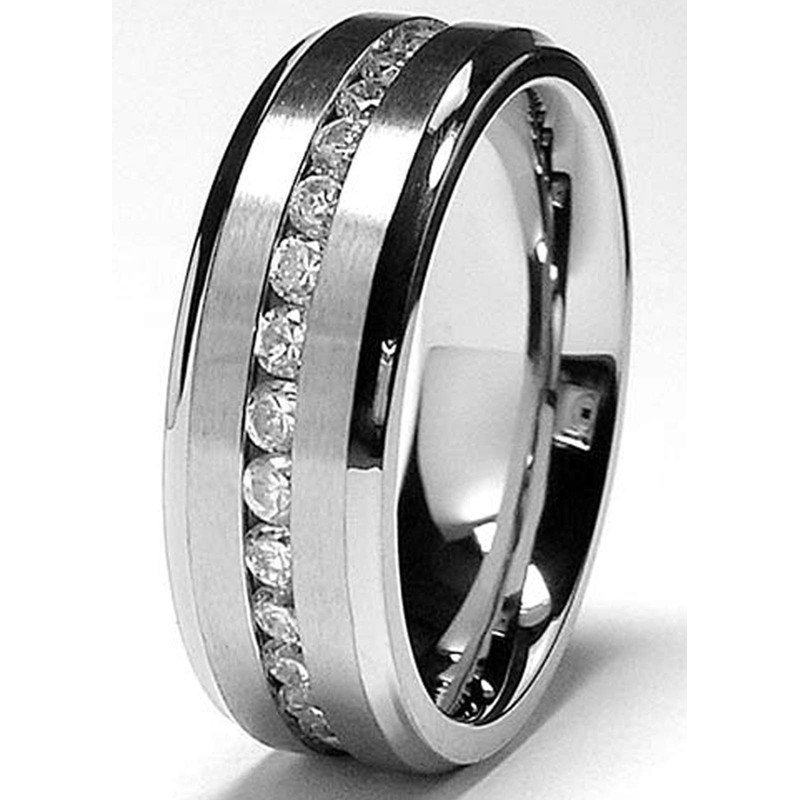 7MM Men's Eternity Titanium Ring Wedding Band with Cubic Zirconia