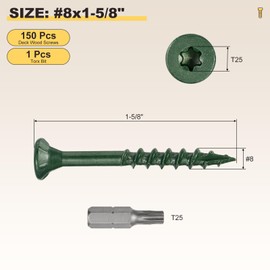 METALLIXITY Deck Screws (#8x1-5/8) 150Pcs, Carbon Steel Wood Screw Decking Screws with T25 Torx Drive Head - for Wood Fence, Table, Chairs, Green