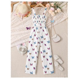 Floerns Girl's Butterfly Print Pants Rompers Sleeveless Square Neck Belted Jumpsuit White Multi 9Y