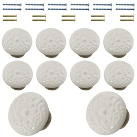 Auvotuis 10Pcs 34mm/ 1.34inch Retro Ceramic Cabinet knobs Antique Round Dresser Knob Pull Handles with Screws for Kitchen, Cupboard, Wardrobe (White)
