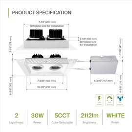 ASD 3/4 Inch LED Recessed Lights 2-Heads Adjustable, Trimless Recessed Lighting 30W, Airtight Gimbal Downlight, 2700K/3000K/3500K/4000K/5000K, Dimmable Ceiling Spotlight, Wet & IC Rated, White, ETL