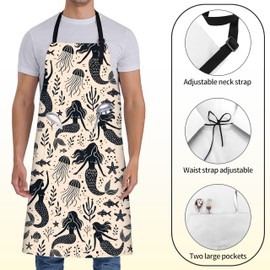 ainori Cute Mermaid Apron for Women with Jellyfish,28x33in,Ocean Nautical Kitchen Aprons with 2 Pockets,Oxford Fabric,Starfish Adjustable Apron for Cooking Baking Gardening Chef,Gifts for Mom Wife