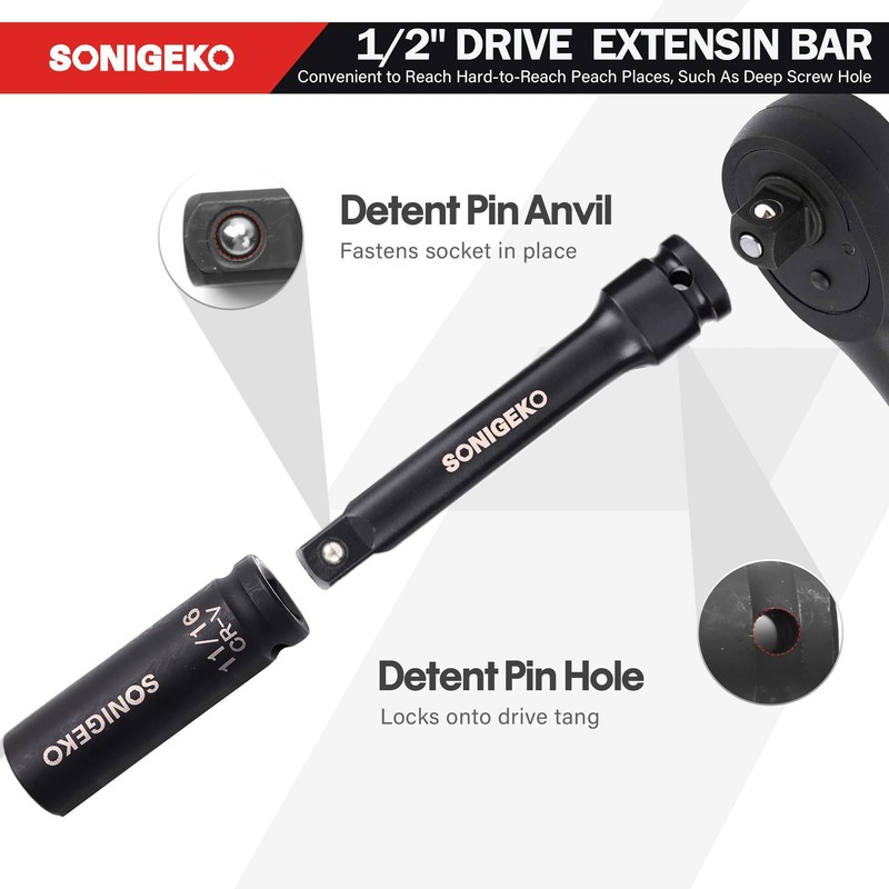 SONIGEKO Socket Set 1/2" Drive Impact Socket Set,19-Piece 6 Point