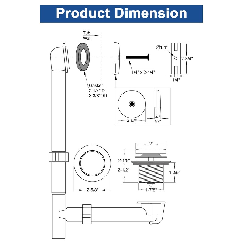 Anpean Brass Tip-Toe Tub Drain Kit with Basket Strainer and