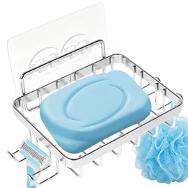 Soporte para jabonera de acero inoxidable 304 con doble gancho calcomanía montado en la pared, protector de jabón impermeable para ducha, baño, cocina