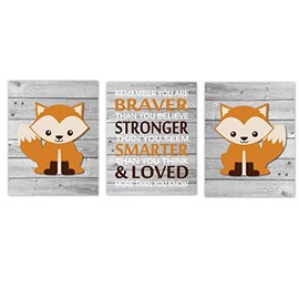 Baby Boy Nursery Wall Art Fox Woodland Forest Zoo Animals Orange Brown Beige Rustic You Are Braver Toddler Bedroom Baby Nursery Decor SET OF 3 UNFRAMED PRINTS