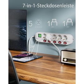 Maiyle 5-Way Power Strip, Power Strip Individually Switchable 1 2 m, Multiple Socket with USB, Child Safety Socket, Wall Mounted 45° Rotated, White