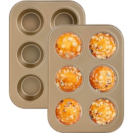 Hisdricus Pack of 2 Muffin Baking Moulds - Non-Stick Muffin Mould for 6 Muffins - Muffin Tray for Cupcakes & Cheesecakes - Oven Safe - Gold