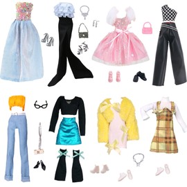 29-Piece Fashion Dolls Clothes and Accessories Set for 29.2 cm Dolls - Yellow Themed Outfits with Fur Stoles, Princess Dresses, Retro Top Pants Combinations & 15 Matching Accessories