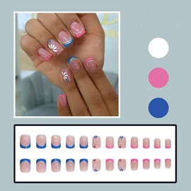 24 Pcs Pink Blue French Press on Nails Short Square,ZIFANHU Summer Fake Nails Press ons Flower Rhinestones Nail Tips Full Cover Acrylic Nail Kit False Nails Glossy Glue on Nails Reusable for Women