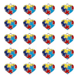 WANDIC Autism Awareness Charms, 24 pieces Autism Charm Pendants with Semi-opening Rings Puzzle Design Charms for DIY Necklace Keychain Bracelets, 20