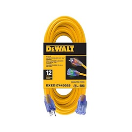 DEWALT 25 Foot 12/3 SJTW Lighted Extension Cord - Heavy Duty Outdoor, Waterproof, Weatherproof, Heat & Corrosion Resistant Industrial Strength Light Up Prong Outlet Plug Power Cord