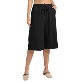 AVICHIC Linen Capri Pants for Women Elastic Waist with Drawstrings Casual Wide Leg Linen Pants Women with Pockets Black L