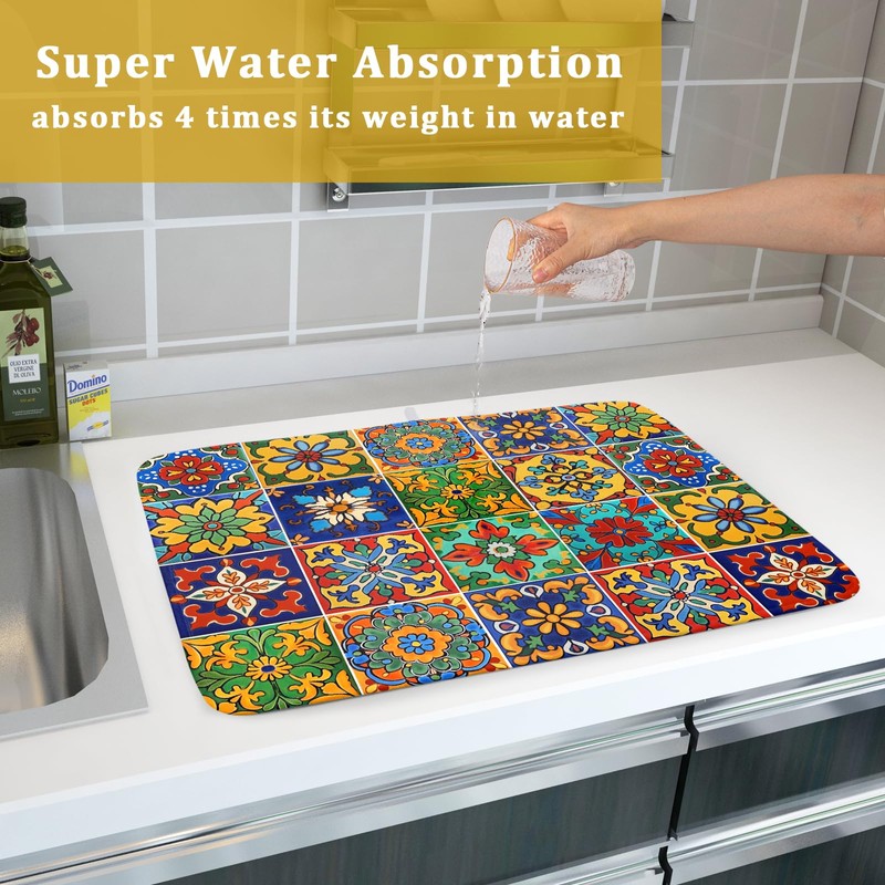 Mexican Tiles Dish Drying Mat for Kitchen Counter Absorbent Microfiber