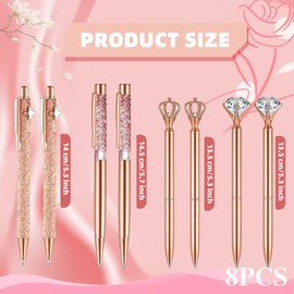 8 Pcs Rose Gold Glitter Pens with Pen Holder for Women Girls, Bling Diamond Fancy Ballpoint Pens Liquid Sand Glitter Pens Set for Office School Wedding Teacher Girls Birthday Gifts (Rose Gold)