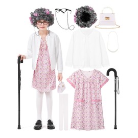 FancyFun 8 Pcs Old Lady Costume for Kids, Girls 100 Days of School Costume Granny Grandma Wig Dress Glasses Cane Accessories Set D 3-4T