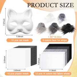 Seenelling 33 Pcs DIY Therian Mask Kit Blank Cat Mask with Felt Fabric Sheet Plush Faux Fur Eye Mesh for Therian Gear Stuff (Black Series)