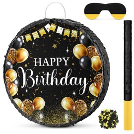 Black and Gold Birthday Piñata with Stick Blindfold and Confetti for Boys Girls Men Women Birthday Party Supplies