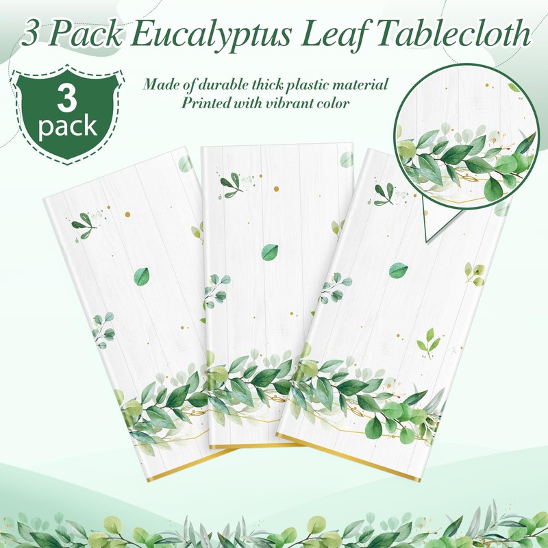 3Pcs Spring Sage Green Baby Shower Tablecloths,Disposable Plastic Greenery Eucalyptus