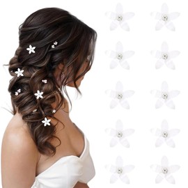 WUSJCOF White Flower Hair Clips Pack of 10 - Hair Accessories Wedding & Communion for Girls, Mini Hair Clips with Rhinestones, Decorative Hair Clip for Bridal Hairstyles