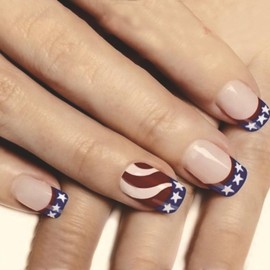 Independence Day Press on Nails Short French Tips Fake Nails Flag Star 4th of July Patriotic False Nail American Flag Acrylic Nails Stripe Design Full Cover Artificial Glue on Nail for Women Girls