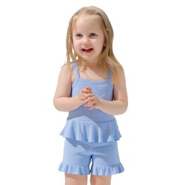 VilyR Toddler Baby Girl Summer Clothes Cotton Sleevesless T-Shirt Skirt hemline design Tops + Shorts Cute Outfits Set,Blue,6-9 Months