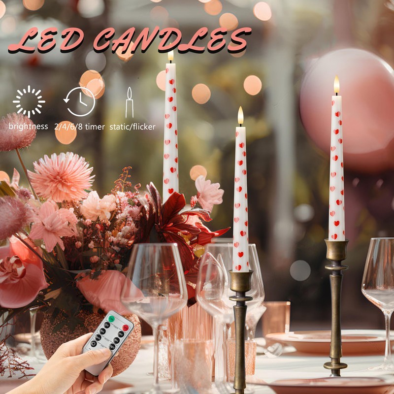 AFINETH Valentine Day Flameless Taper Candles with Heart, 9.6" Real