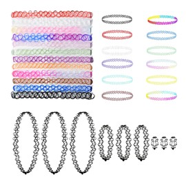 33 Pieces Tattoo Choker, Stretch Necklace, Vintage Rubber Tattoo Choker, Ring Bracelet Necklace for Girls, Women (Multiple Colors)